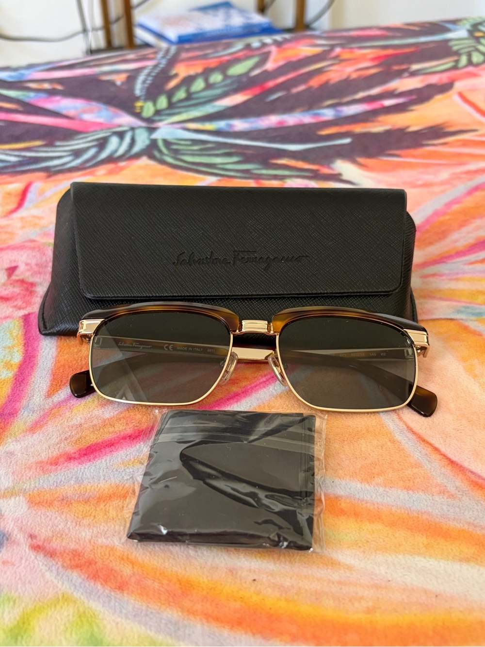 Salvatore Ferragamo Gold and Brown Rectangular Sunglasses with Dark Lenses